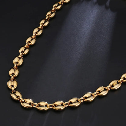 Hiphop Jewelry 11MM No Fade Stainless Steel Coffee Bean Necklace Chain Puffed Mariner Link Gold Chain Necklace
