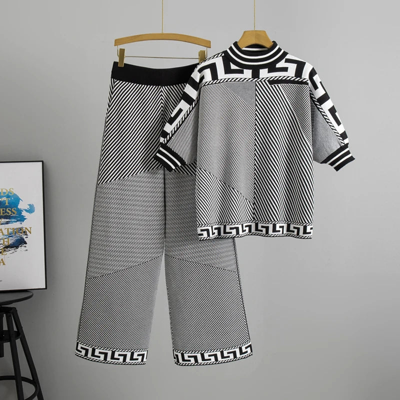 European-Style Wide-Leg Pants Suit Women's Spring/Summer Five-quarter Sleeve Embroidery Jacquard Striped Knitted Top Casual Set