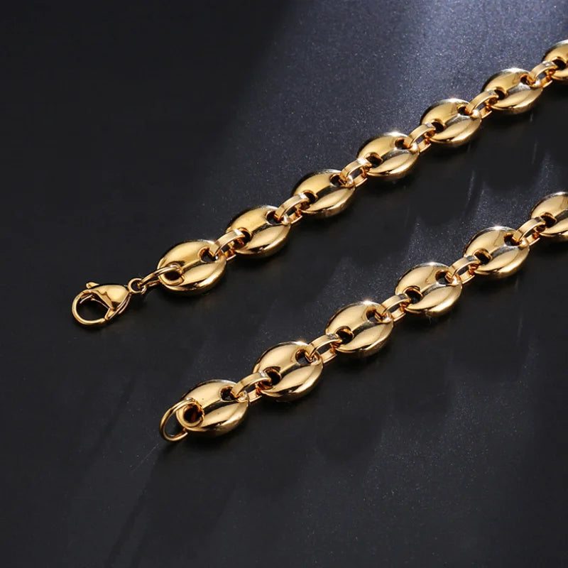 Hiphop Jewelry 11MM No Fade Stainless Steel Coffee Bean Necklace Chain Puffed Mariner Link Gold Chain Necklace