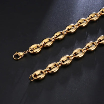 Hiphop Jewelry 11MM No Fade Stainless Steel Coffee Bean Necklace Chain Puffed Mariner Link Gold Chain Necklace