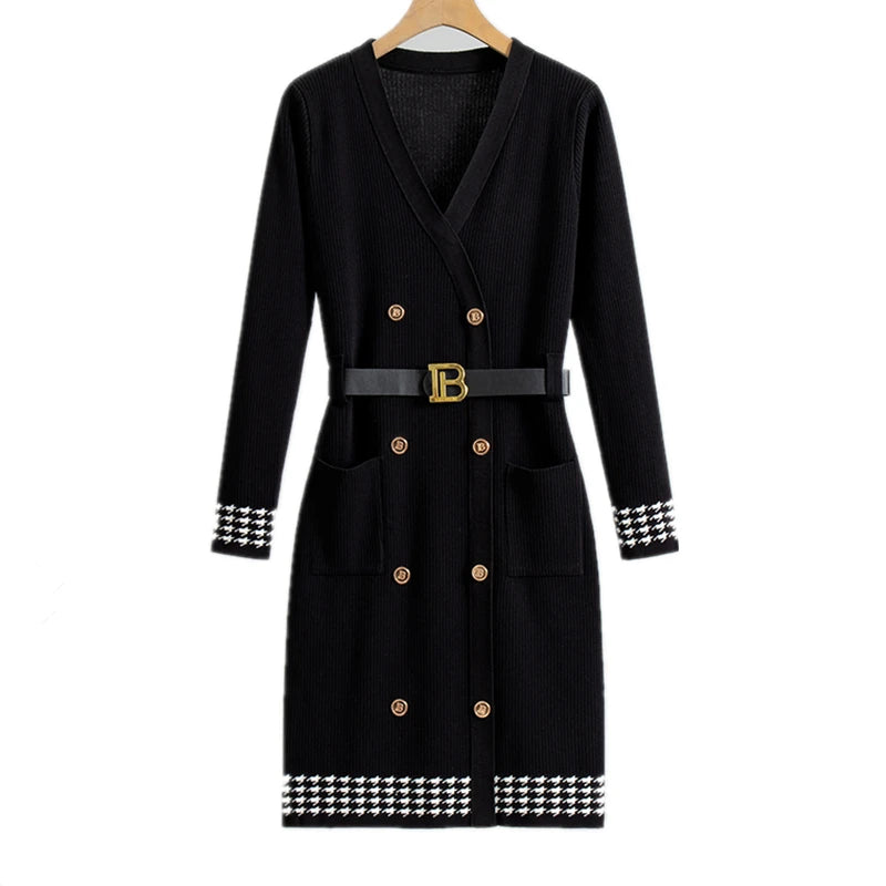 2026 Spring and Autumn Classic Knitted Dresses Women Elegant Button-Knit Dress Long Sleeve Sweater Dress