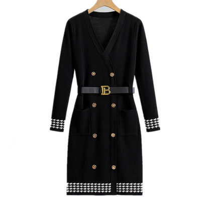2026 Spring and Autumn Classic Knitted Dresses Women Elegant Button-Knit Dress Long Sleeve Sweater Dress