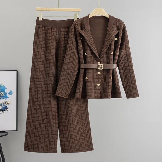Autumn Winter Solid Viscose Loose Fit Turn-down Collar Knitted Shirt Women's Elegant Fashion Sweater Set