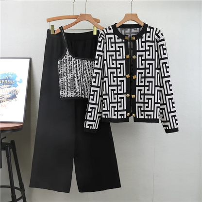 New 2026 European Autumn Chic Solid Loose Design Knit Sweater +Vest+ Pants Women's 3 Pieces Sets Clothing