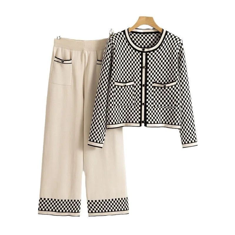 Sweater Manufacture Chic Petite Women's Knitwear Set Slimming Crew Neck Cardigan & Wide-Leg Pants Casual Plaid Pattern Suits