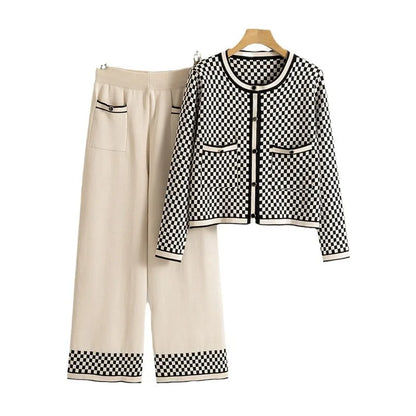 Sweater Manufacture Chic Petite Women's Knitwear Set Slimming Crew Neck Cardigan & Wide-Leg Pants Casual Plaid Pattern Suits