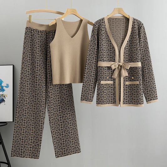 2026  Winter Autumn Printed Casual Suit Women's Shawl Jacket+V-neck Bottom Knit Shirt+wide Leg Pants Three Piece Set