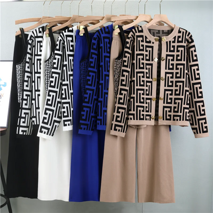 New 2026 European Autumn Chic Solid Loose Design Knit Sweater +Vest+ Pants Women's 3 Pieces Sets Clothing
