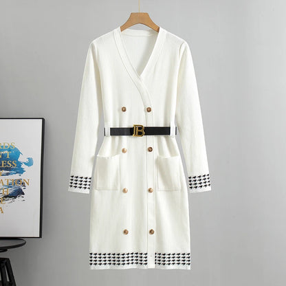 2026 Spring and Autumn Classic Knitted Dresses Women Elegant Button-Knit Dress Long Sleeve Sweater Dress