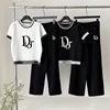 Summer Fashion Knitted Set Women's Crew Neck Youthful-looking Jacquard Pattern Letter Top Loose Pants Casual Two-piece Long
