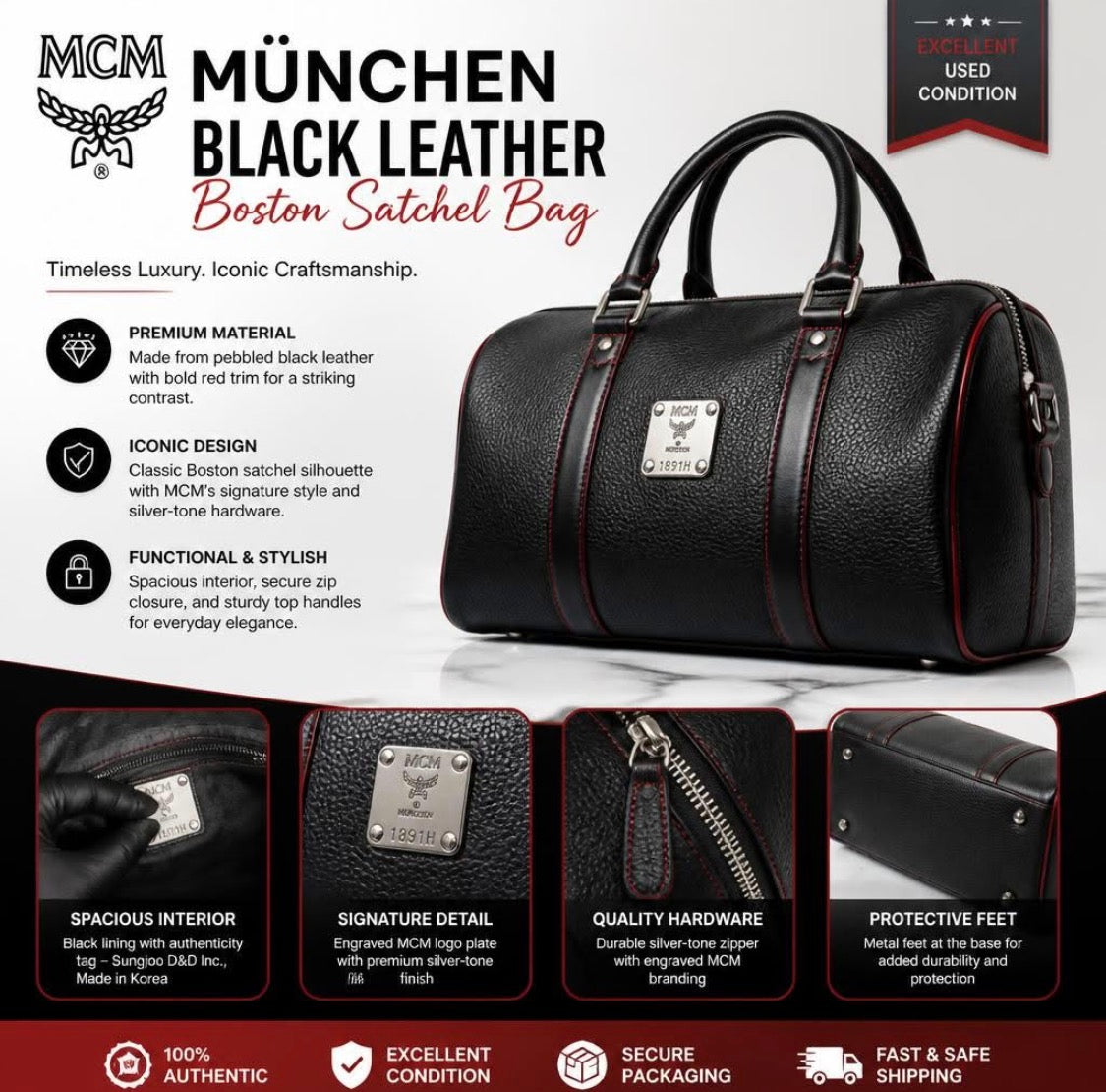 MCM Black Pebbled Leather Boston Handbag Silver Hardware