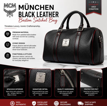 MCM Black Pebbled Leather Boston Handbag Silver Hardware