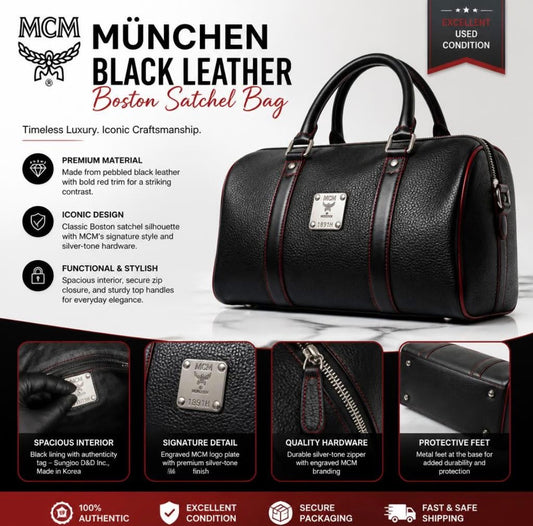 MCM Black Pebbled Leather Boston Handbag Silver Hardware