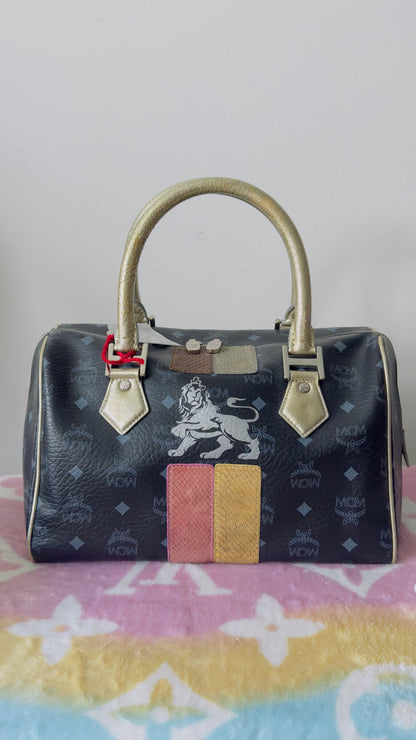 Mcm Signature Princess Lion Boston Black Coated Canvas & Leather