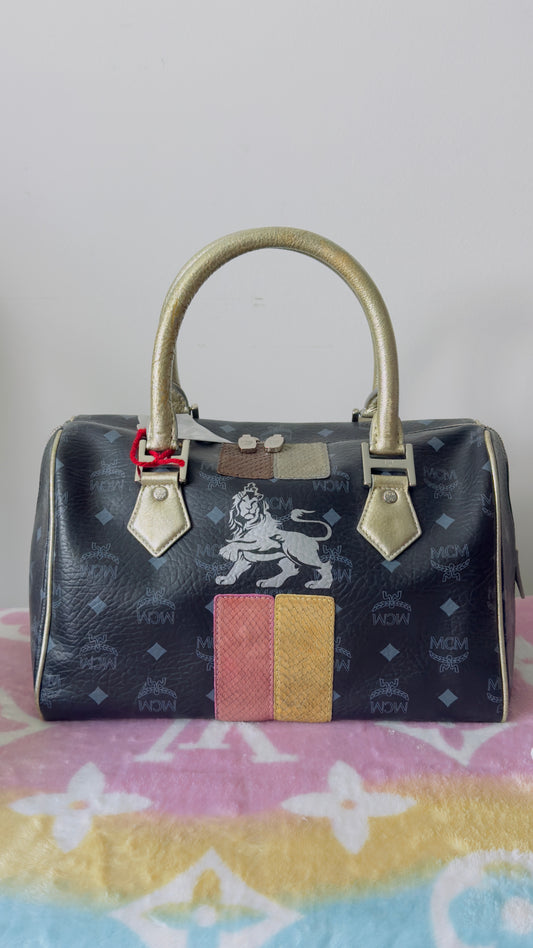 Mcm Signature Princess Lion Boston Black Coated Canvas & Leather