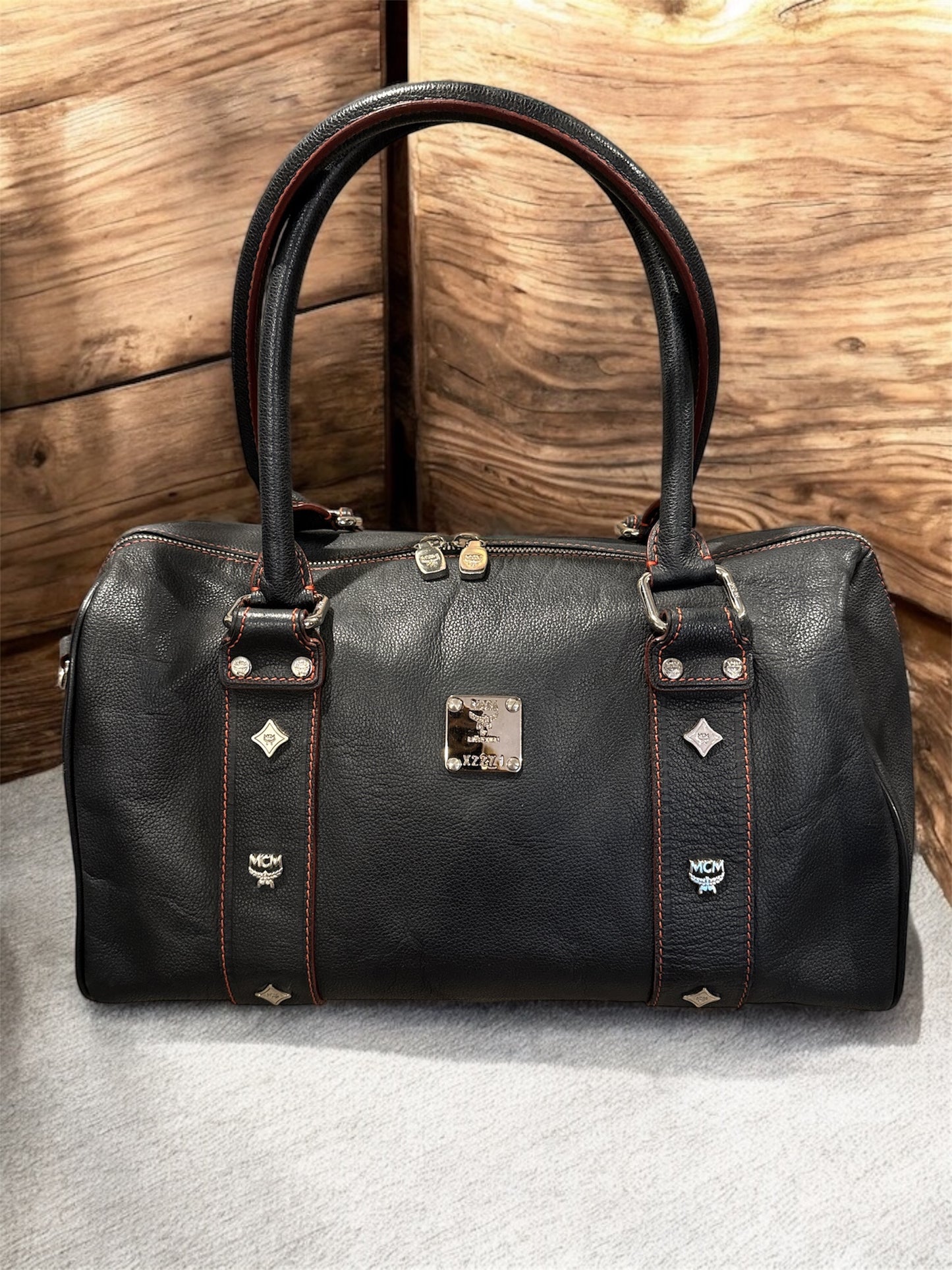 MCM Black Pebbled Leather Boston Handbag Silver Hardware