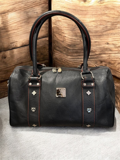 MCM Black Pebbled Leather Boston Handbag Silver Hardware