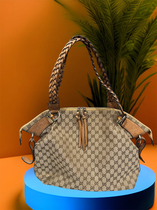 Gucci GG Canvas Bamboo Bar Hobo Bag Braided Strap Vintage