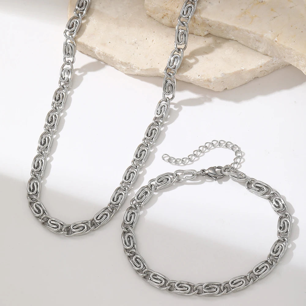 DOTIFI Stainless Steel Fashion Simple Popular Necklace Paper Clip Bracelet Set Female Street Hip-Hop Style Jewelry Accessories